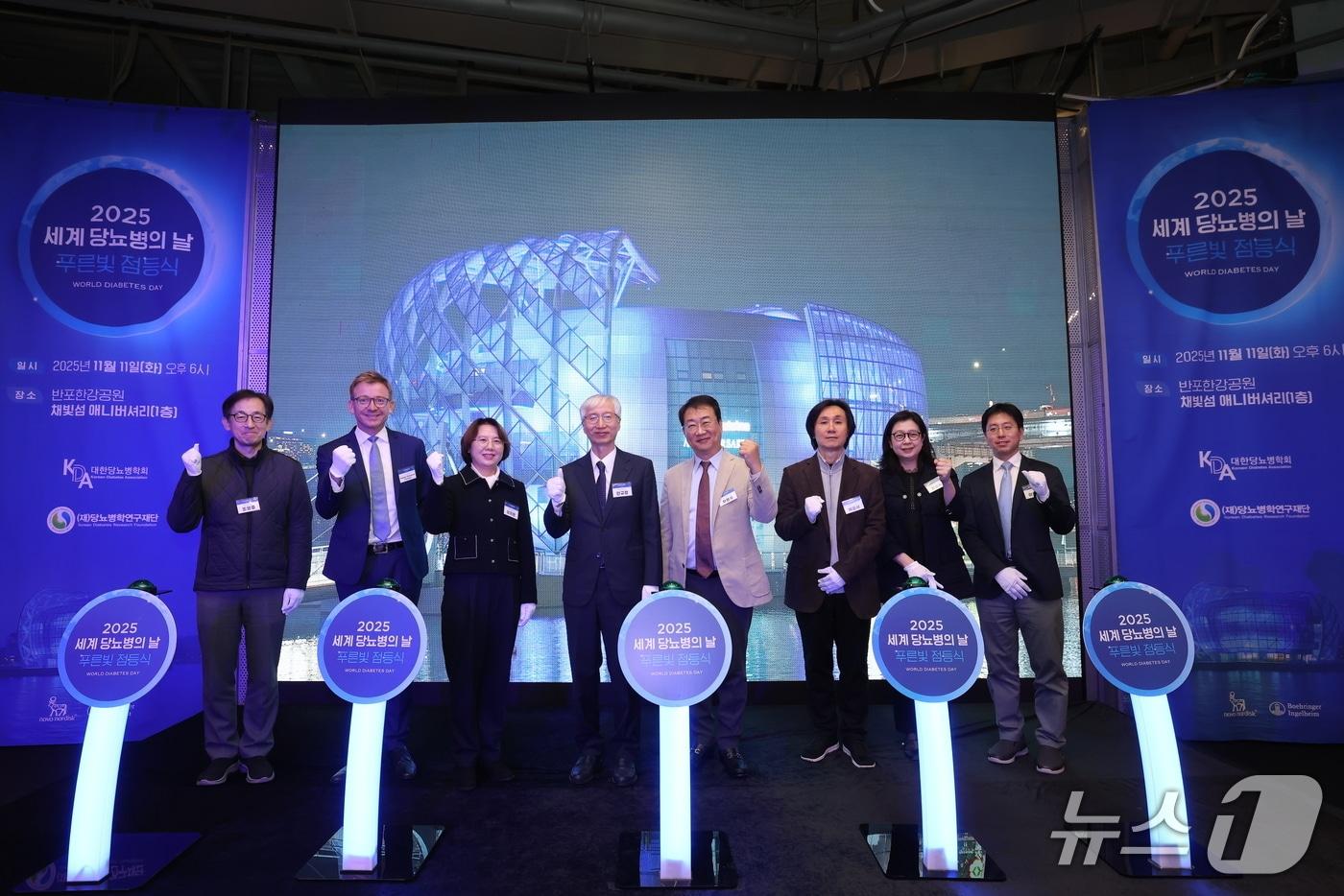 대한당뇨병학회와 당뇨병학연구재단은 &#39;세계 당뇨병의 날&#40;11월 14일&#41;&#39;을 기념해 지난 11일 서울 서초 반포한강공원 채빛섬에서 &#39;2025 세계당뇨병의 날 기념행사 및 푸른빛 점등식&#39;을 열어 시상식 등을 진행했다고 17일 밝혔다.&#40;대한당뇨병학회 제공&#41;