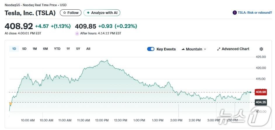 본문 이미지 - 테슬라 일일 주가추이 - 야후 파이낸스 갈무리
