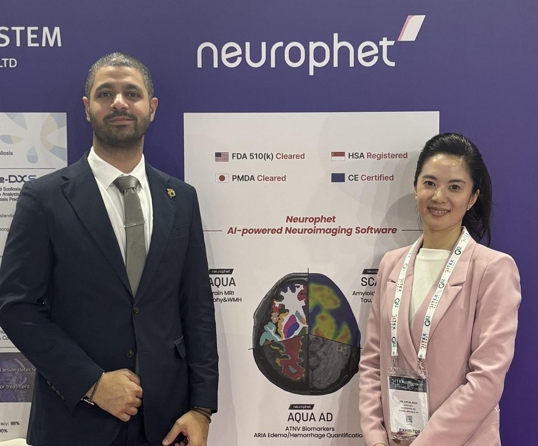 본문 이미지 - 파디 나사르&#40;Fadi Nassar&#41; 모다위나 메디컬 핵의학·방사선치료 부문 영업 총괄 이사&#40;왼쪽부터&#41;와 전주은 뉴로핏 해외세일즈 매니저.&#40;뉴로핏 제공&#41;/뉴스1