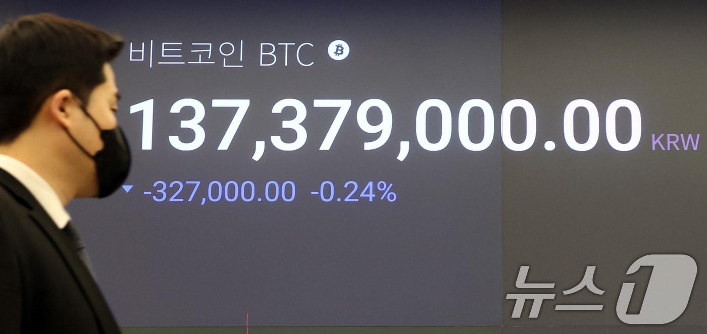 18일 서울 강남구 업비트 라운지 전광판에 비트코인 가격이 1억3천7백만원대를 보이고 있다. 2025.11.18/뉴스1 ⓒ News1 김명섭 기자