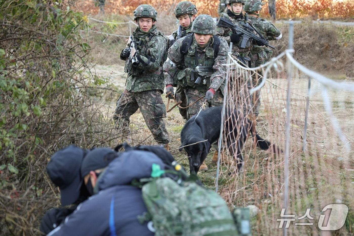 육군 37보병사단 장병들이 탐색 격멸 작전에서 은거한 적을 찾아 격멸하고 있다.&#40;육군37보병사단 제공, 재판매 및 DB금지&#41;/뉴스1
