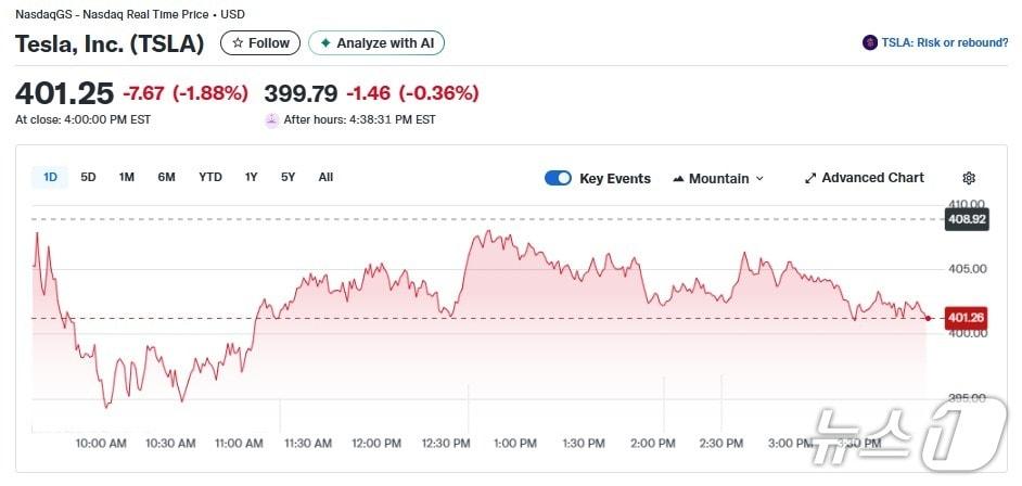 본문 이미지 - 테슬라 일일 주가추이 - 야후 파이낸스 갈무리