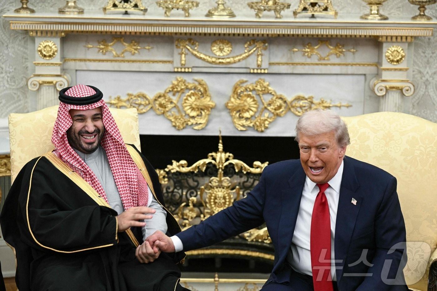 본문 이미지 - 18일(현지시간) 도널드 트럼프 미국 대통령이 워싱턴 D.C. 백악관 집무실에서 사우디아라비아 왕세자 무함마드 빈 살만과 회동하며 악수와 주먹 인사를 농담 섞어 주고받았다. 사우디 왕세자는 이날 화려한 의전과 전투기 호위 속에 백악관에 도착했으며, 이는 2018년 언론인 자말 카슈끄지 피살 사건 이후 처음으로 미국을 방문한 자리였다. ⓒ AFP=뉴스1