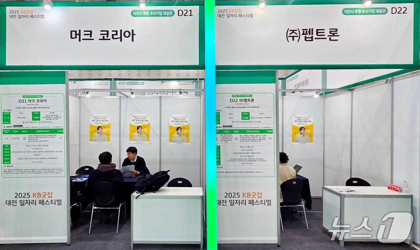 19일 KB굿잡 대전 일자리페스티벌 대덕특구 기업 부스를 방문한 청년들이 채용상담을 진행하고 있다.&#40;특구재단 제공&#41; /뉴스1