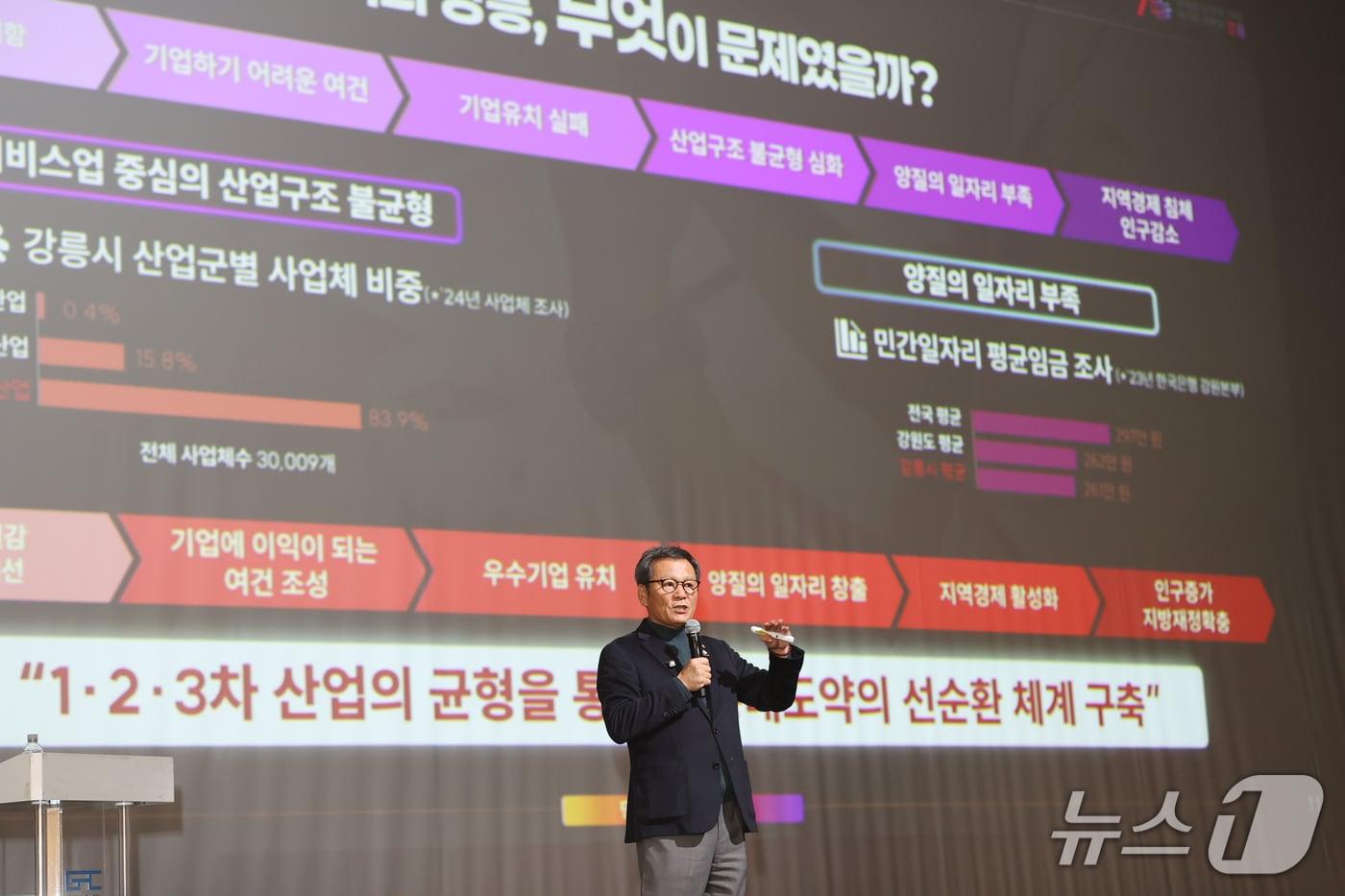 19일 강원 강릉아트센터 사임당홀에서 열린 2025년 강릉시 시정설명회에서 김홍규 시장이 프레젠테이션을 통해 역점 사업 추진 현황을 설명하고 있다.&#40;강릉시 제공, 재판매 및 DB 금지&#41; 2025.11.19/뉴스1