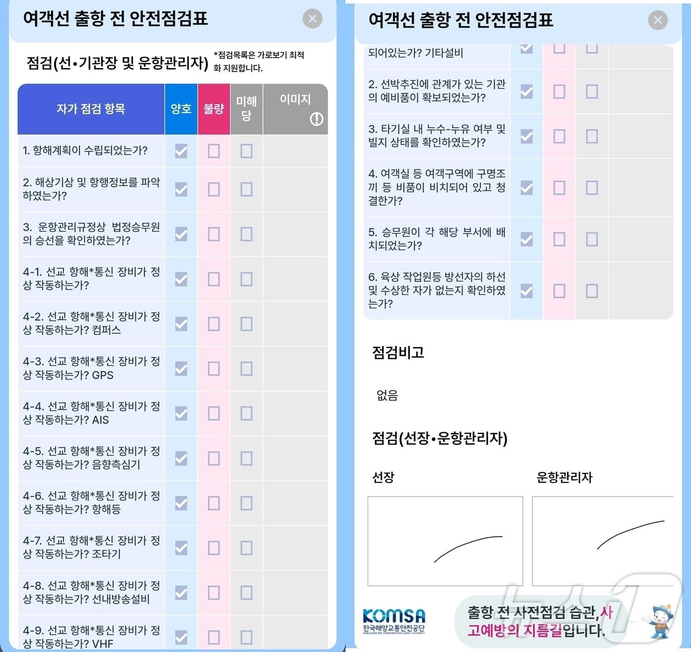 본문 이미지 - 19일 전남 신안 해상에서 항로를 이탈해 족도에 좌초한 여객선 퀸제누비아2호의 출항 전 안전점검표. 모든 항목에 이상 없음으로 되어 있고 선장과 운항관리자의 서명이 동일하다.(해양교통안전정보 캡쳐. 재배포 및 DB 금지) ⓒ News1 서충섭 기자