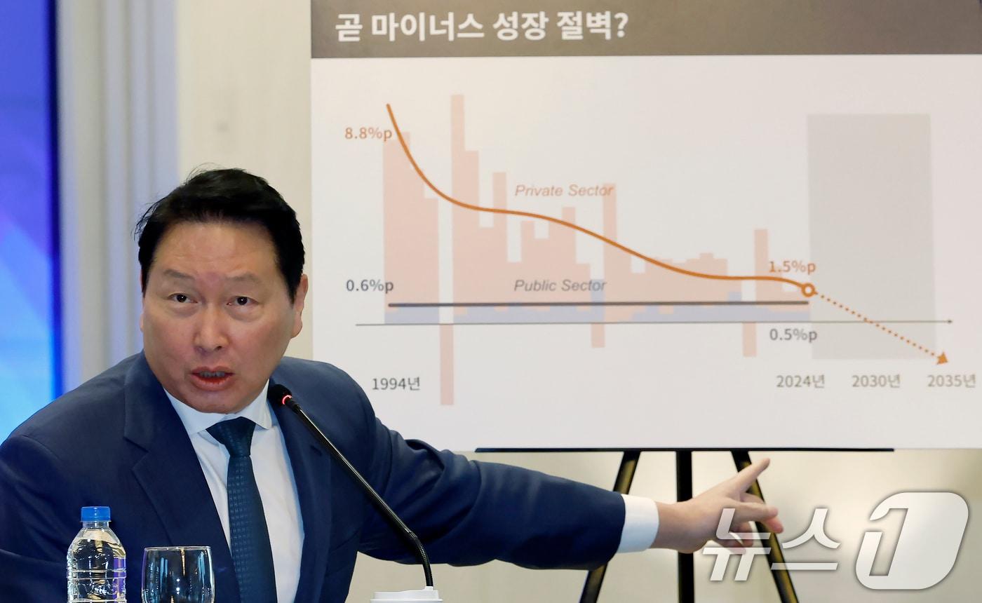 본문 이미지 - 최태원 대한상공회의소 회장이 20일 오전 서울 여의도 CCMM빌딩 루나미엘레 그랜드볼룸에서 성장지향형 기업생태계 구축을 위한 혁신 전략을 주제로 열린 제2차 기업성장포럼에서 인사말을 하고 있다. 2025.11.20/뉴스1 ⓒ News1 박정호 기자