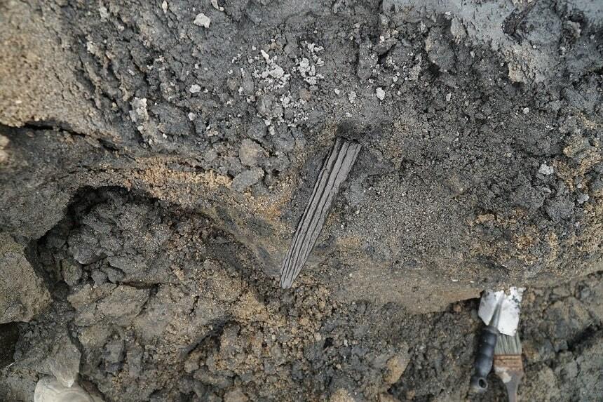 본문 이미지 - '기묘년' 글자가 적힌 목간 출토 당시 모습(제공 양주시·기호문화유산연구원)