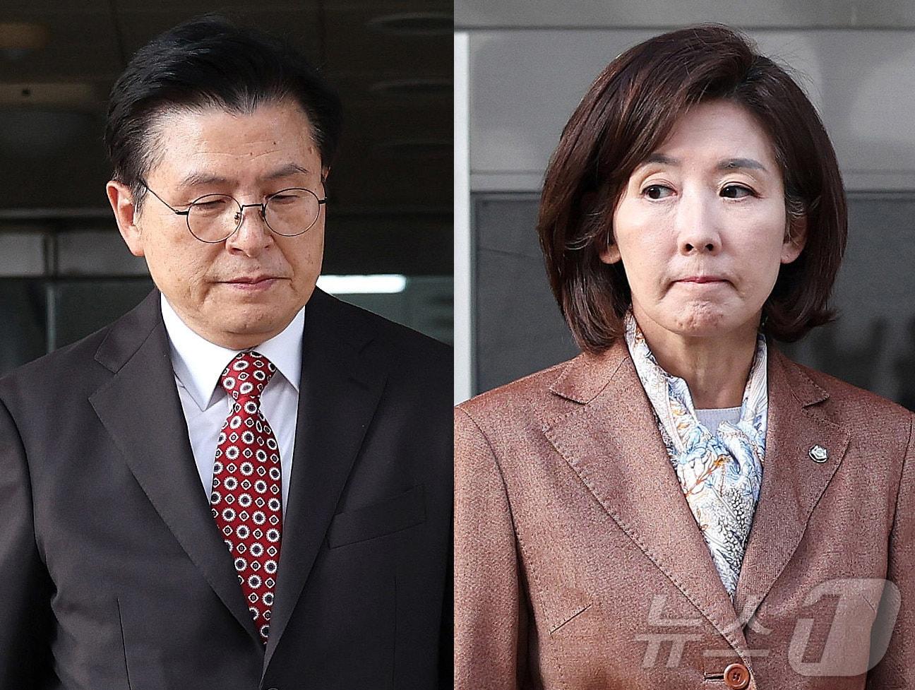 본문 이미지 - 황교안 전 국무총리&#40;왼쪽&#41;과 나경원 국민의힘 의원이 20일 서울 양천구 남부지법에서 열린 &#39;자유한국당 패스트트랙&#40;신속처리안건&#41; 충돌 사건&#39; 1심 선고를 마친 뒤 법원을 나서고 있다. 재판부는 이날 사건 당시 자유한국당 원내대표였던 나경원 의원에게 벌금 총 2천400만원을, 당 대표였던 황교안 전 총리에게 벌금 총 1천900만원을 선고했다. 2025.11.20/뉴스1 ⓒ News1 박지혜 기자