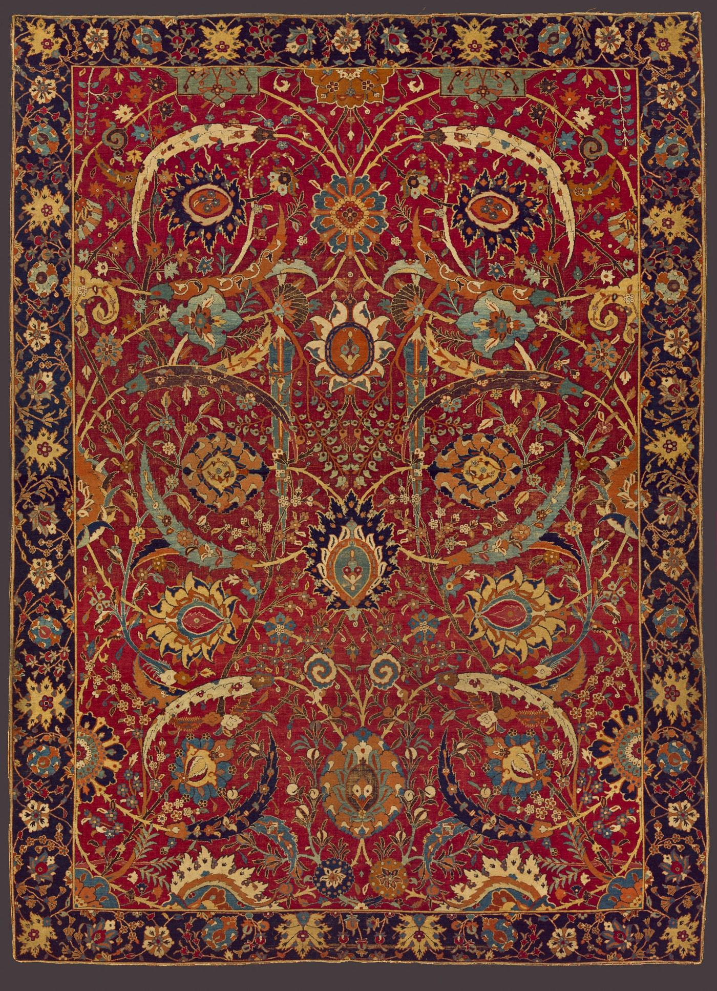 본문 이미지 - 왕좌용 카펫, 사파비 제국 17세기, 이란 케르만, 도하 이슬람예술박물관(국립중앙박물관 제공)