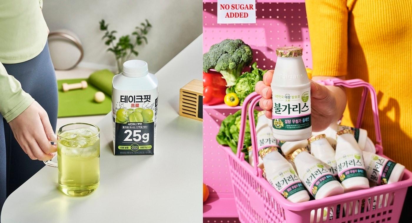 남양유업 워터형 단백질 음료 &#40;왼쪽&#41;&#39;테이크핏 프로 샤인머스캣맛&#39;, &#39;불가리스 설탕 무첨가 플레인&#39;.&#40;남양유업 제공&#41;