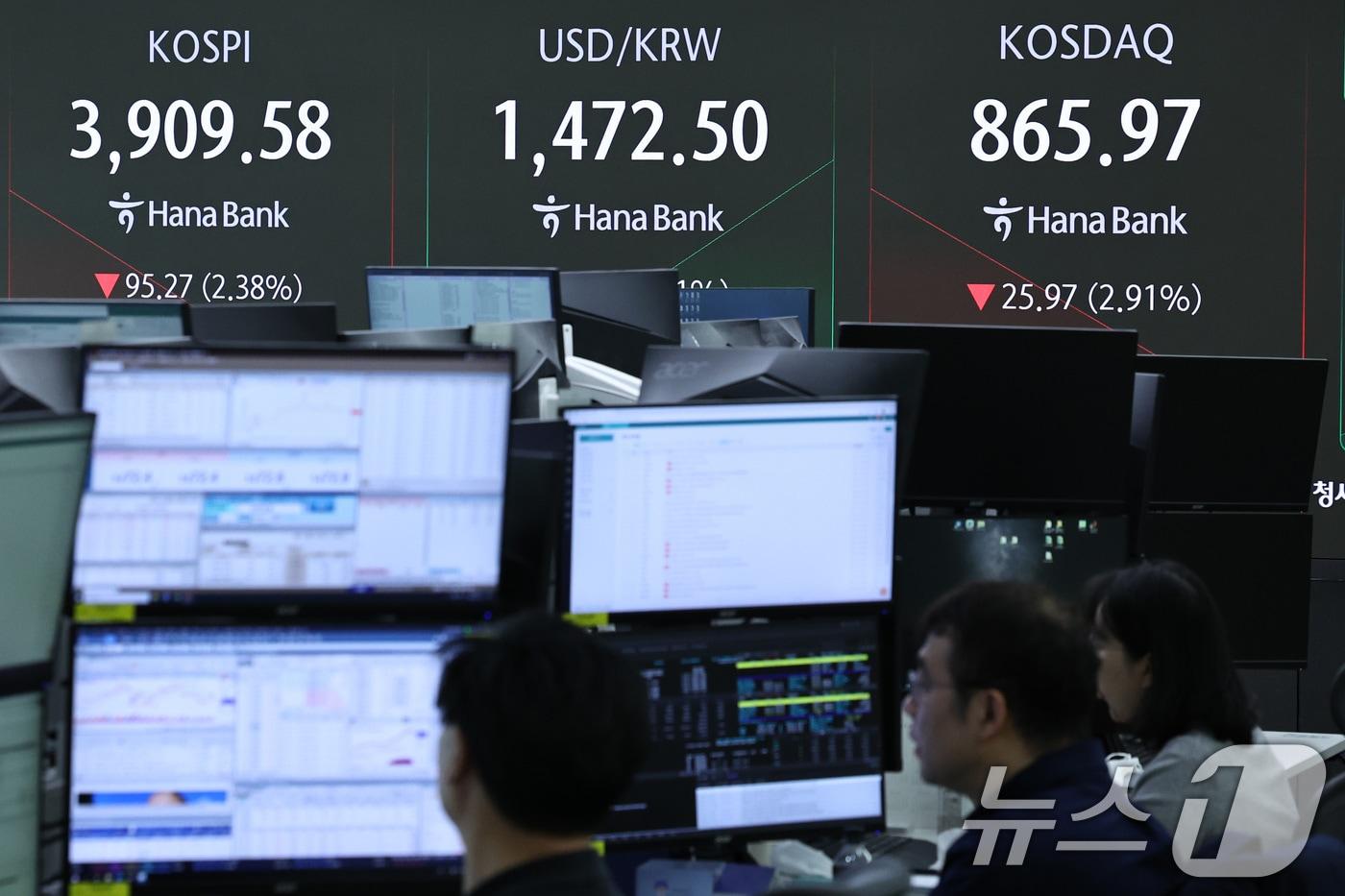 21일 오전 서울 중구 하나은행 딜링룸 전광판에 코스피, 코스닥과 원달러환율 시황이 나타나고 있다. 2025.11.21/뉴스1 ⓒ News1 구윤성 기자