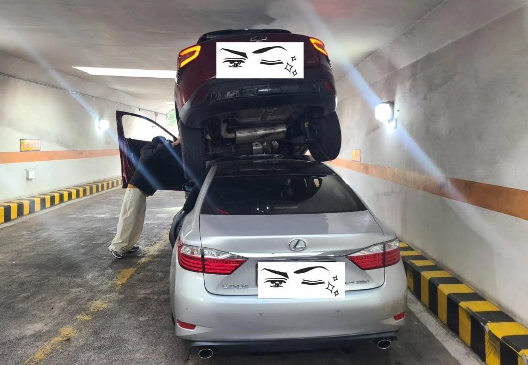 본문 이미지 - 지난 주말 서울의 한 지하주차장에서 발생한 차량 사고. 출처=쓰레드