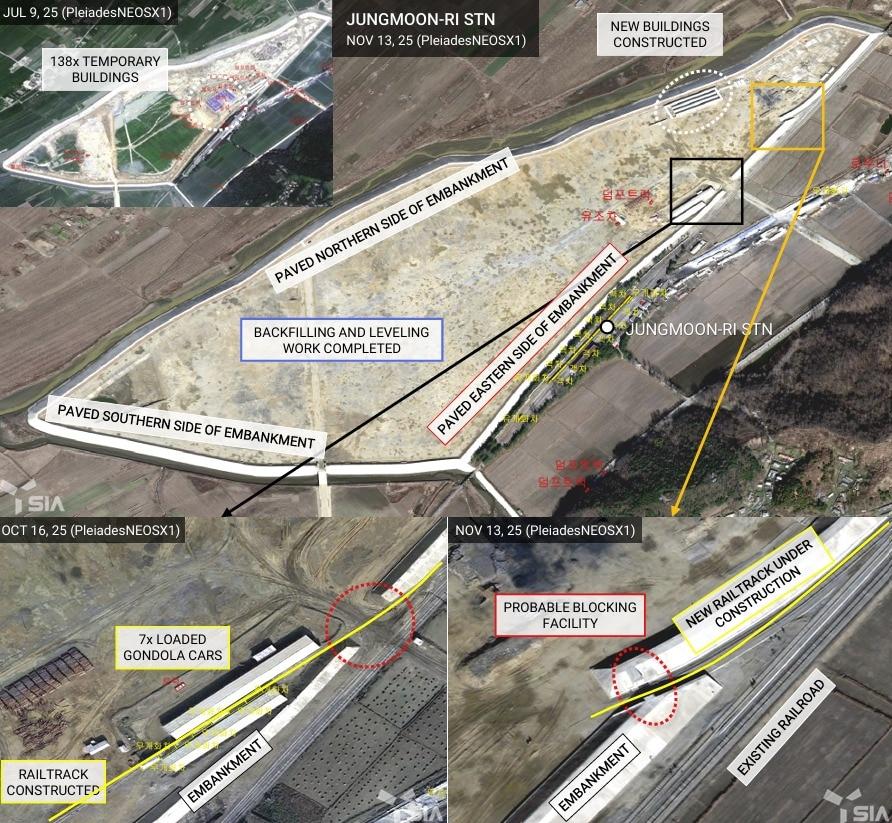 본문 이미지 - 북한 신의주시 정문리역 인근 부지 동쪽에 제방이 건설된 모습. &#40;SIA 제공&#41;