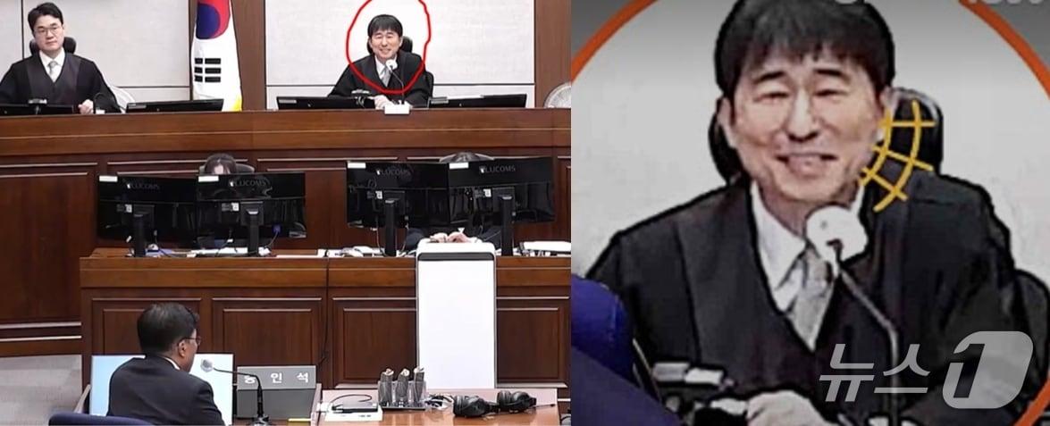 본문 이미지 - 지난 20일 서울중앙지법 형사합의25부 심리로 열린 윤석열 전 대통령의 내란우두머리 혐의 속행 재판에서 윤 전 대통령 측 배의철 변호사가 증인으로 나온 홍장원 전 국정원 1차장에게 &#34;김어준 뉴스공장에 출연한 적 있냐&#34;라고 묻자 재판장인 지귀연 부장판사&#40;붉은 원&#41;가 웃음을 터뜨리는 모습. &#40;채널A 갈무리&#41; ⓒ 뉴스1
