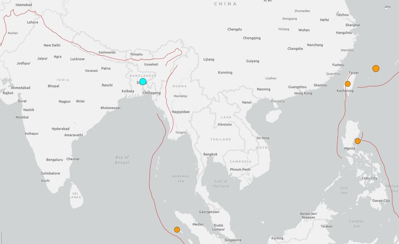 본문 이미지 -  방글라데시 수도인 다카 인근에서 규모 5.5의 지진이 발생했다. (USGS) 