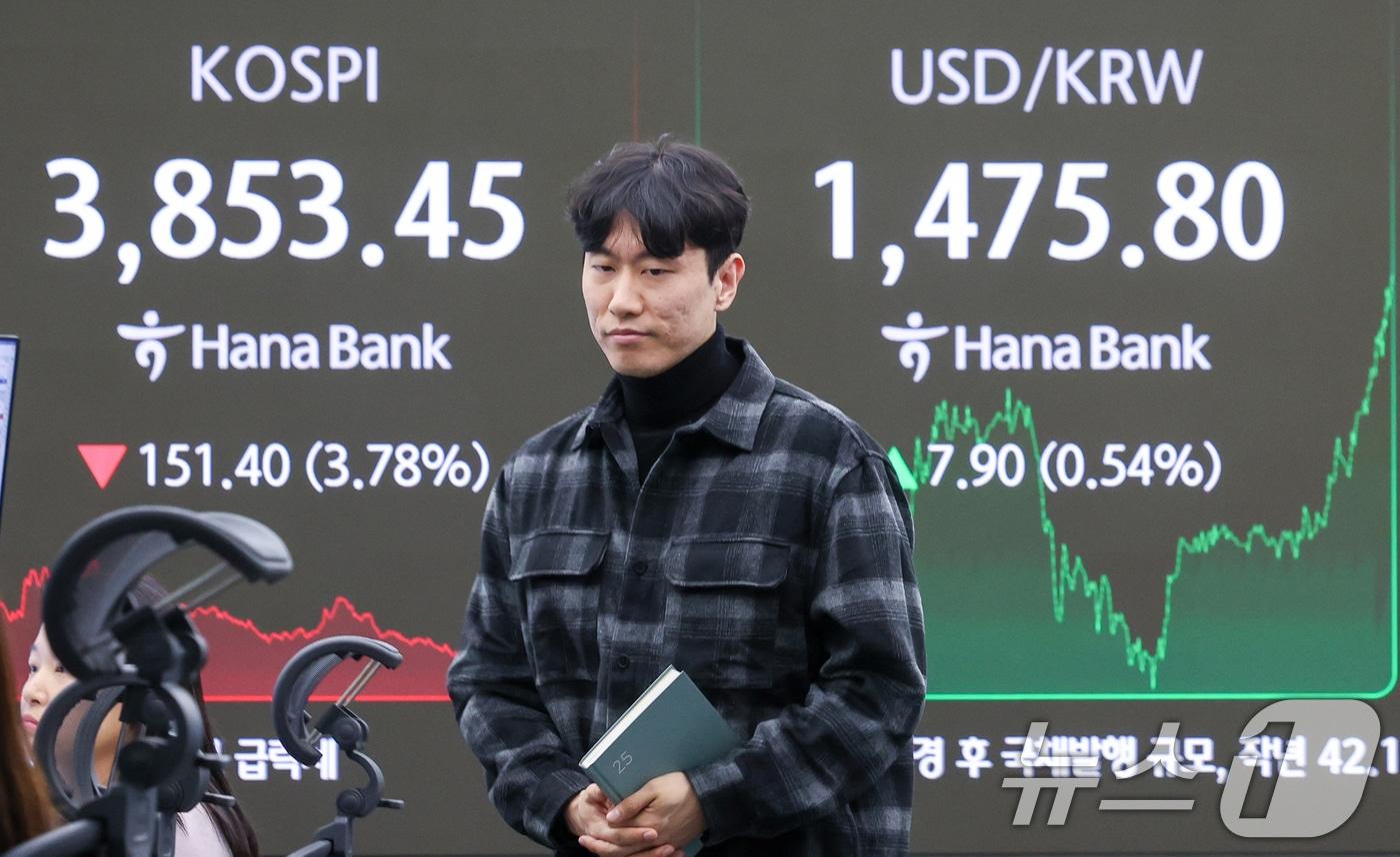 21일 오후 서울 중구 하나은행 본점 딜링룸 전광판에 종가가 나오고 있다. 이날 코스피는 전일 대비 151.59포인트&#40;p&#41;&#40;3.79%&#41; 하락한 3853.26, 코스닥은 27.99p &#40;3.14%&#41; 하락한 863.95로 마감했다. 서울외환시장에서 달러·원 환율은 전일 오후 3시 30분 주간종가 대비 7.7원 오른 1475.6원을 기록했다. 2025.11.21/뉴스1 ⓒ News1 안은나 기자