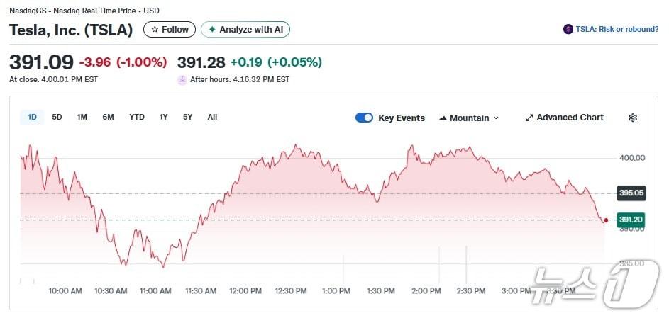 본문 이미지 - 테슬라 일일 주가추이 - 야후 파이낸스 갈무리