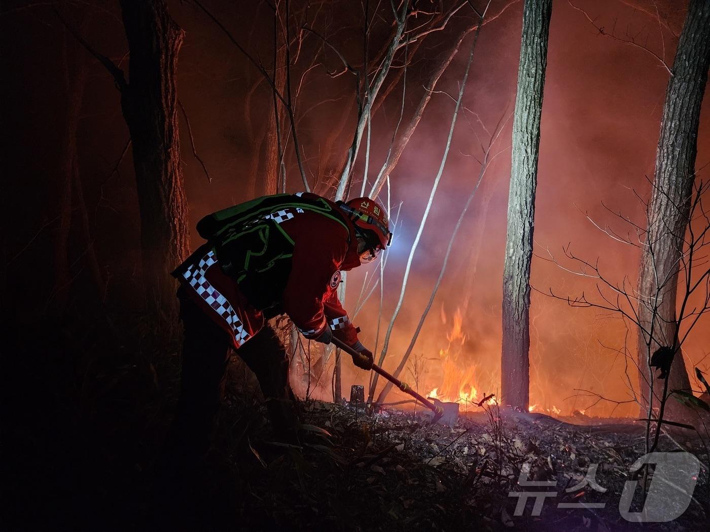 본문 이미지 - 22일 강원 양양 서면 일대에서 발생한 산불 현장에서 진화대원이 야간 진화 작전을 펼치고 있다. 이번 산불은 이날 오후 6시 16분쯤 서면 서림리의 한 야산에서 시작됐다.&#40;동부지방산림청 제공, 재판매 및 DB 금지&#41; 2025.11.22/뉴스1 ⓒ News1 윤왕근 기자
