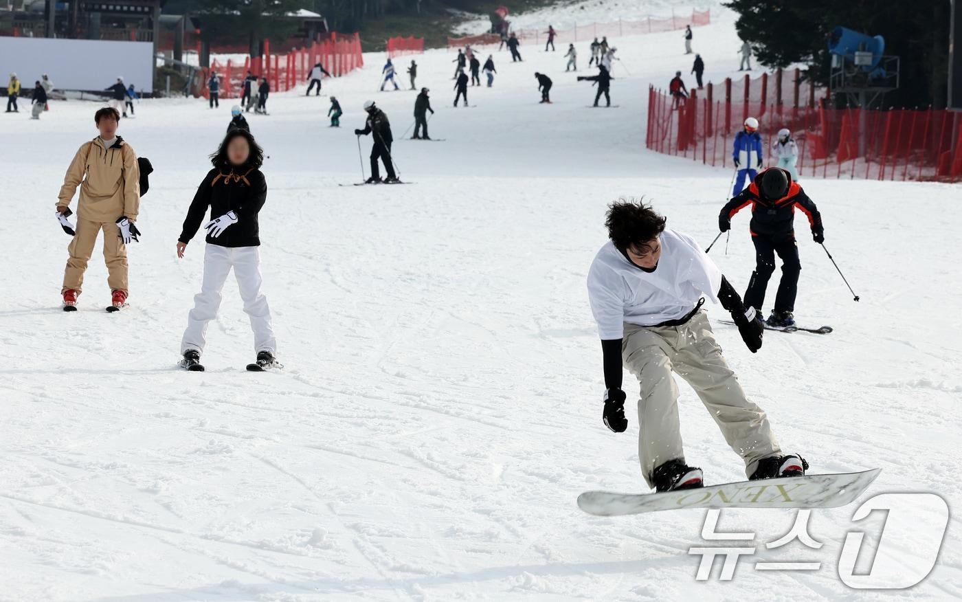 개장 후 첫 주말인 23일 강원 평창군 모나용평리조트 스키장을 방문한 시민들이 스키와 보드를 타며 겨울을 만끽하고 있다. 2025.11.23/뉴스1 ⓒ News1 이호윤 기자