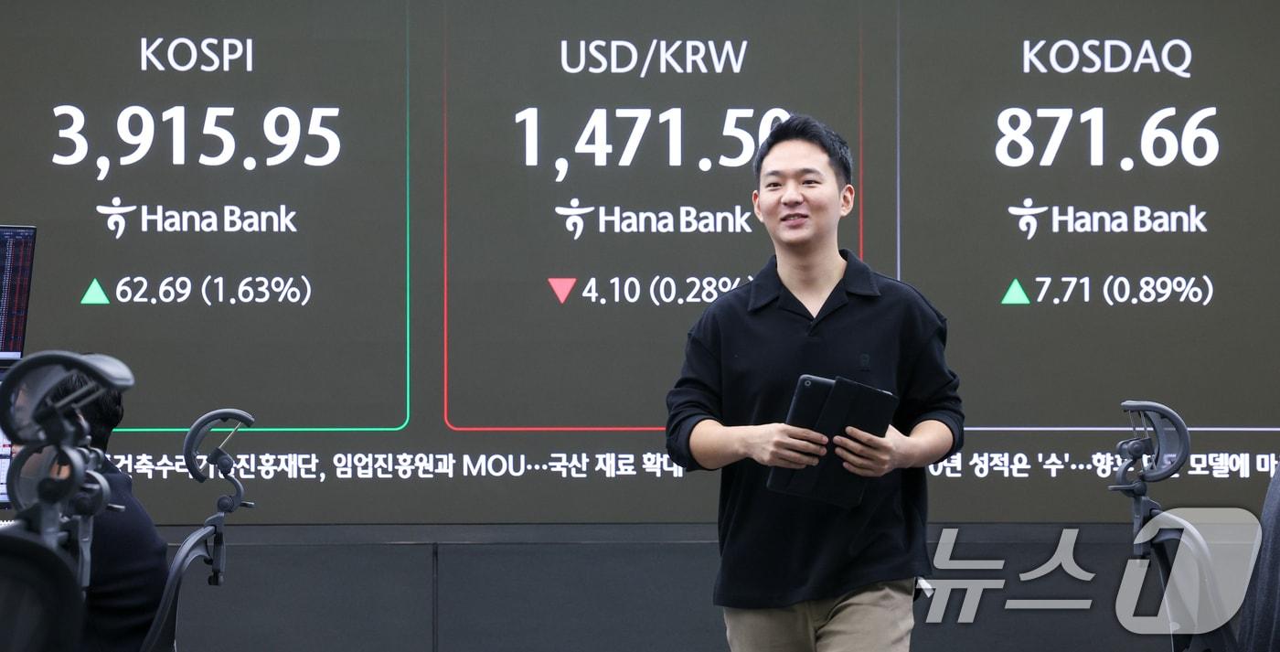본문 이미지 - 24일 오전 서울 중구 하나은행 본점 딜링룸 전광판에 코스피, 코스닥 지수와 달러·원 환율 개장 후 시황이 나오고 있다. 2025.11.24/뉴스1 ⓒ News1 안은나 기자