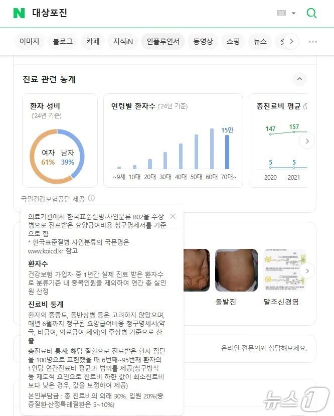 본문 이미지 - 네이버 검색을 통한 '진료 관련 통계' 화면.(국민건강보험공단 제공)