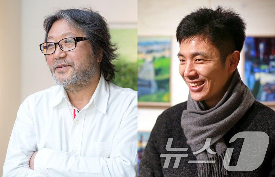 본문 이미지 - &#39;오지호 미술상&#39; 본상 수상자인 한희원 작가&#40;왼쪽&#41;와 특별상 박성완 작가.&#40;광주시 제공. 재판매 및 DB 금지&#41; 