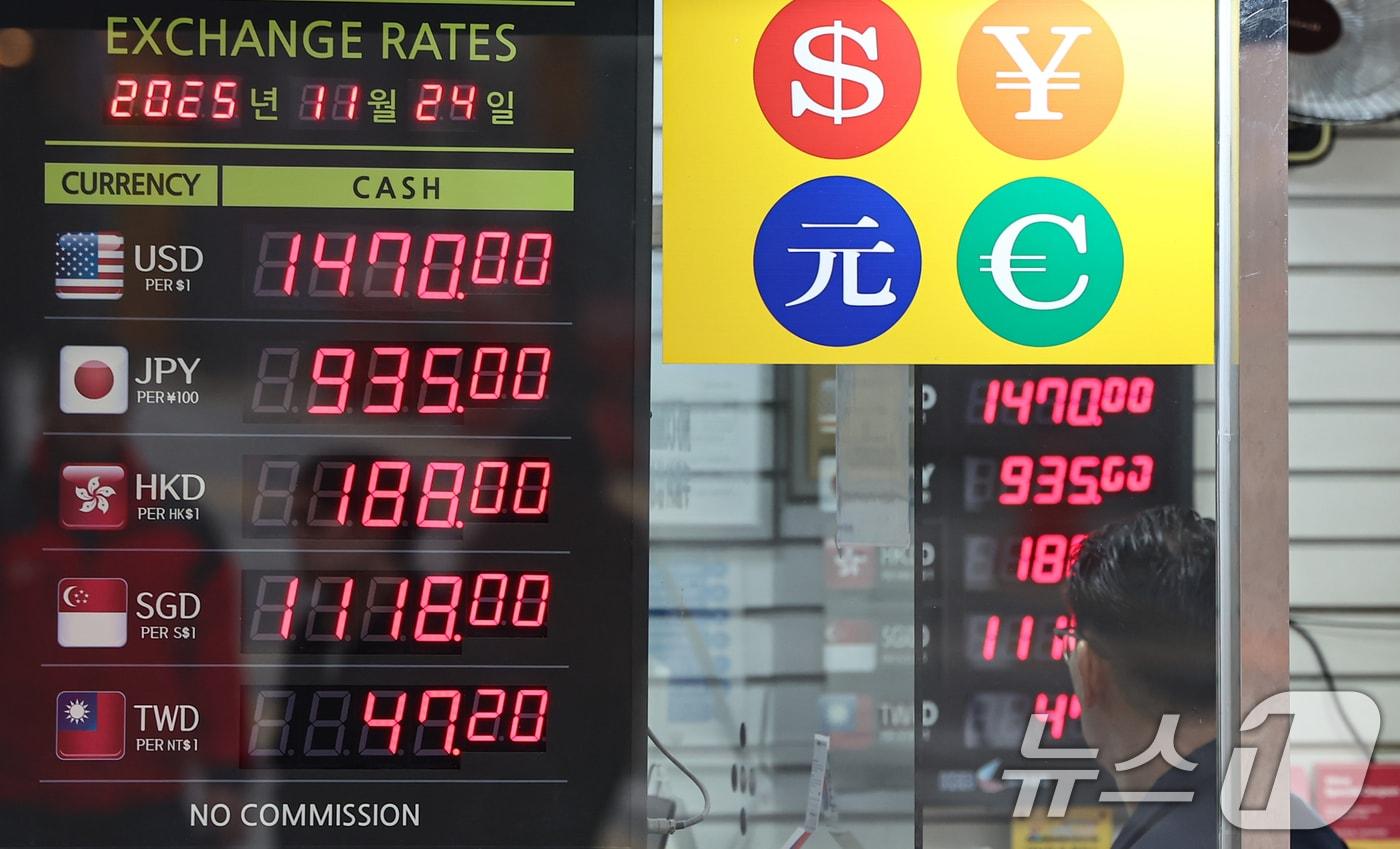 원·달러 환율이 고공행진을 이어가는 24일 서울 중구 명동거리의 환전소에 환율정보가 표시돼 있다. 2025.11.24/뉴스1 ⓒ News1 김도우 기자