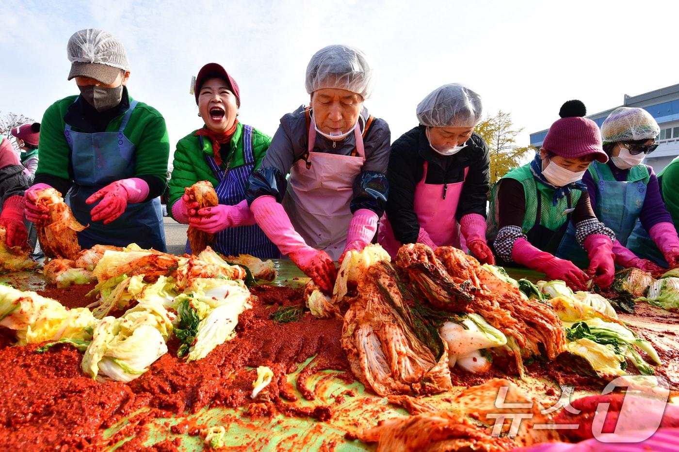 이강덕 경북 포항시장과 부인 최혜련 여사가 24일 포항실내체육관 앞에서 열린 2025 포항시새마을회 사랑의김장담그기 행사에서 배추를 버무리고 있다. 2025.11.24/뉴스1 ⓒ News1 최창호 기자