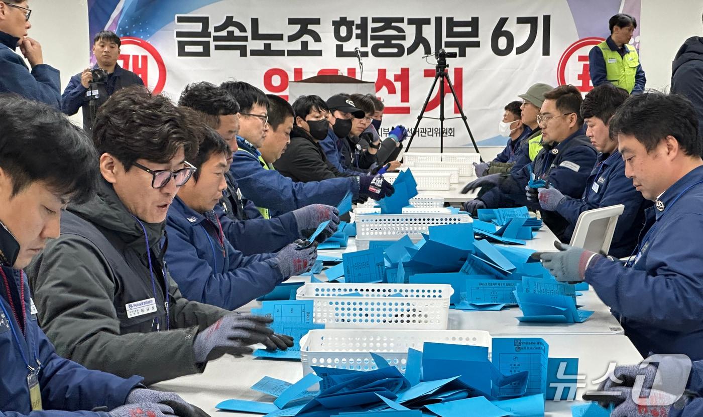지난 20일  HD현대중공업 울산본사 대회의실에서 금속노조 현중지부 6기 임원선거 개표가 진행되고 있다. &#40;HD현대중 노조 제공. 재판매 및 DB 금지&#41; /뉴스1