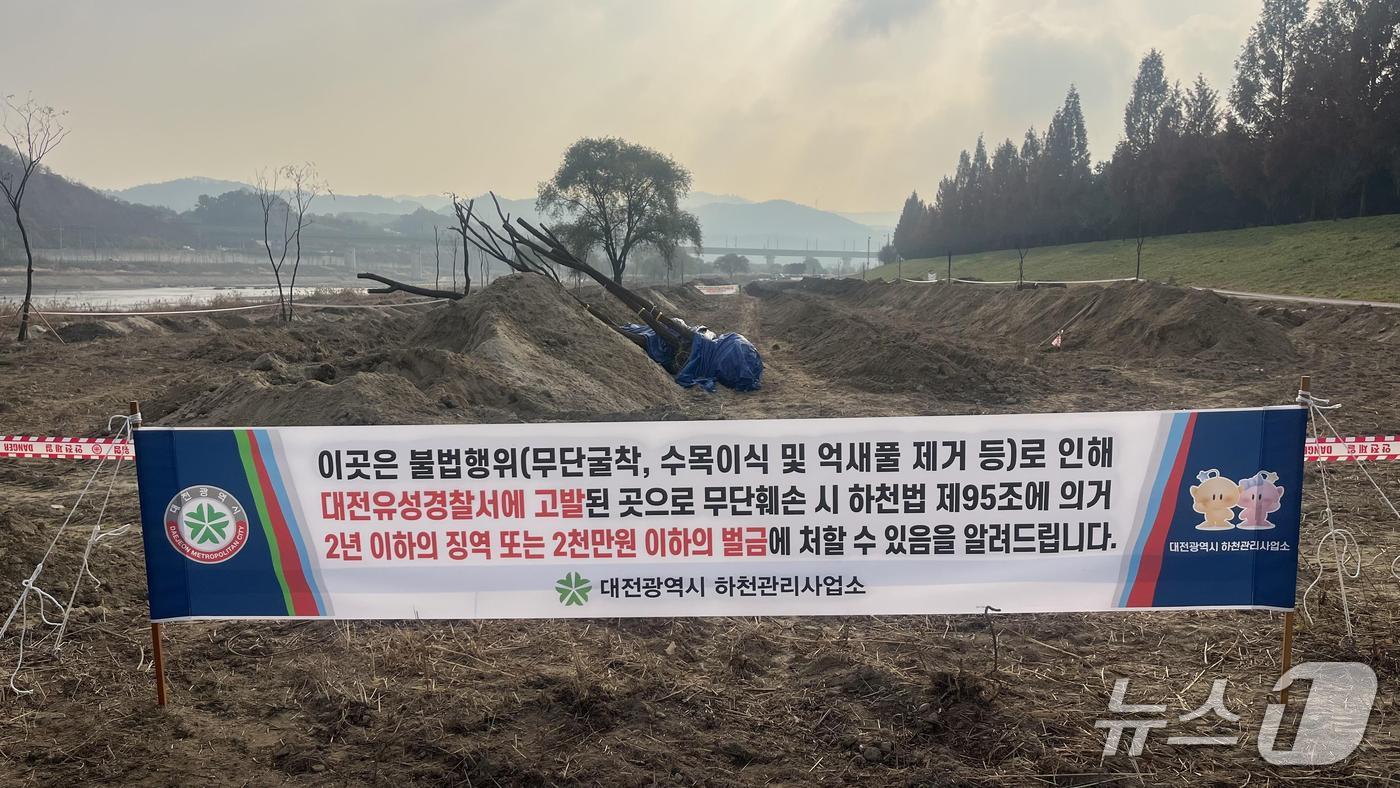 본문 이미지 - 대전시하천관리사업소가 현장에 부착한 경찰 고발 플래카드 (대전녹색연합 제공) / 뉴스1