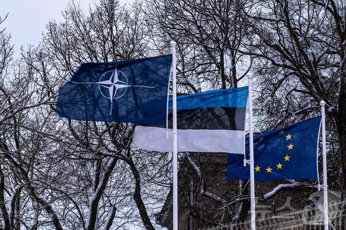 에스토니아 국경 도시 나르바에서 북대서양조약기구(NATO) 깃발과 에스토니아 국가, 유럽연합(EU) 깃발이 휘날리고 있다. 2024.12.24 ⓒ AFP=뉴스1 ⓒ News1 강민경 기자
