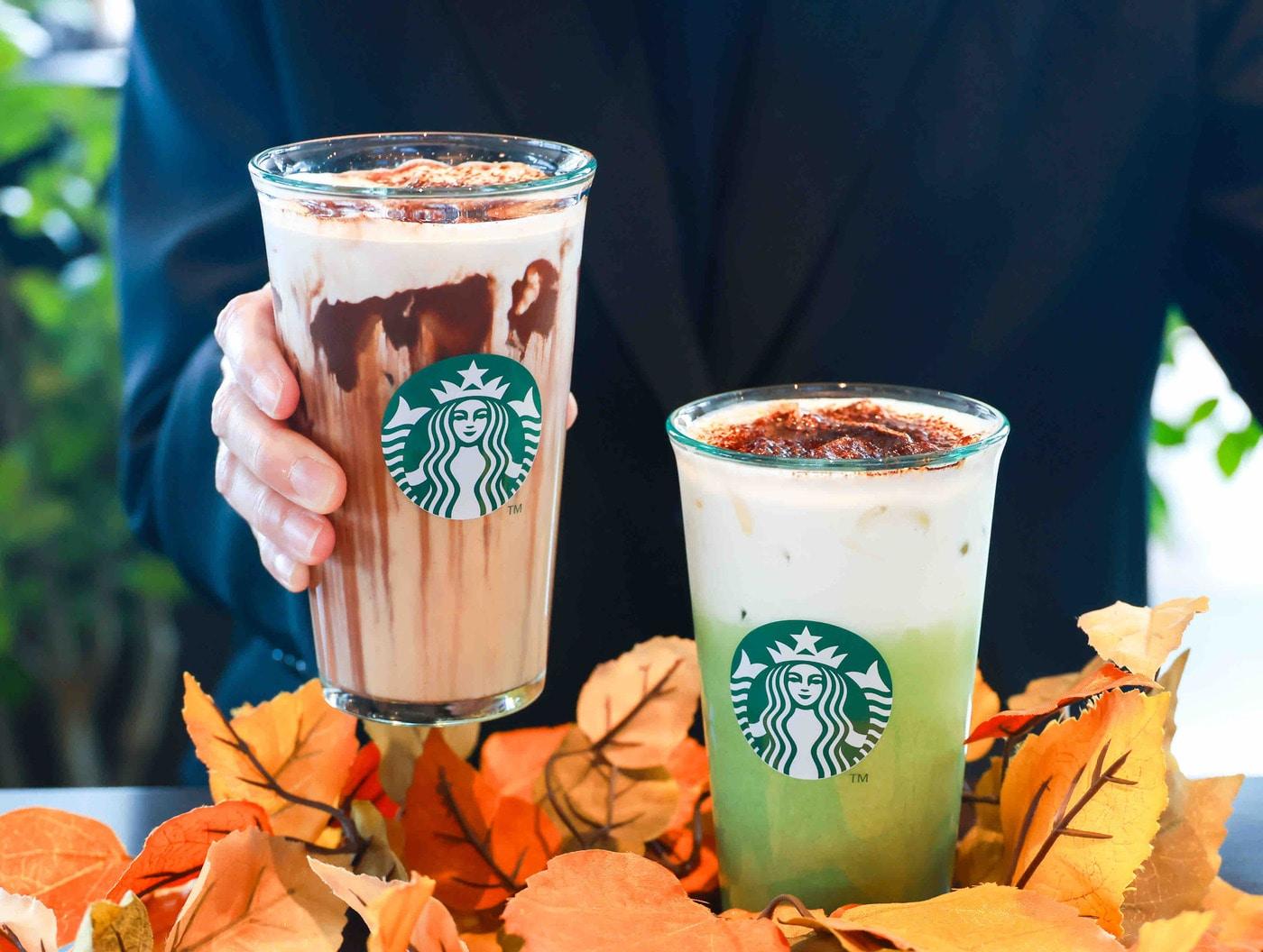 본문 이미지 - 블랙 글레이즈드 라떼(왼쪽)와 말차 글레이즈드 티 라떼(스타벅스 제공)