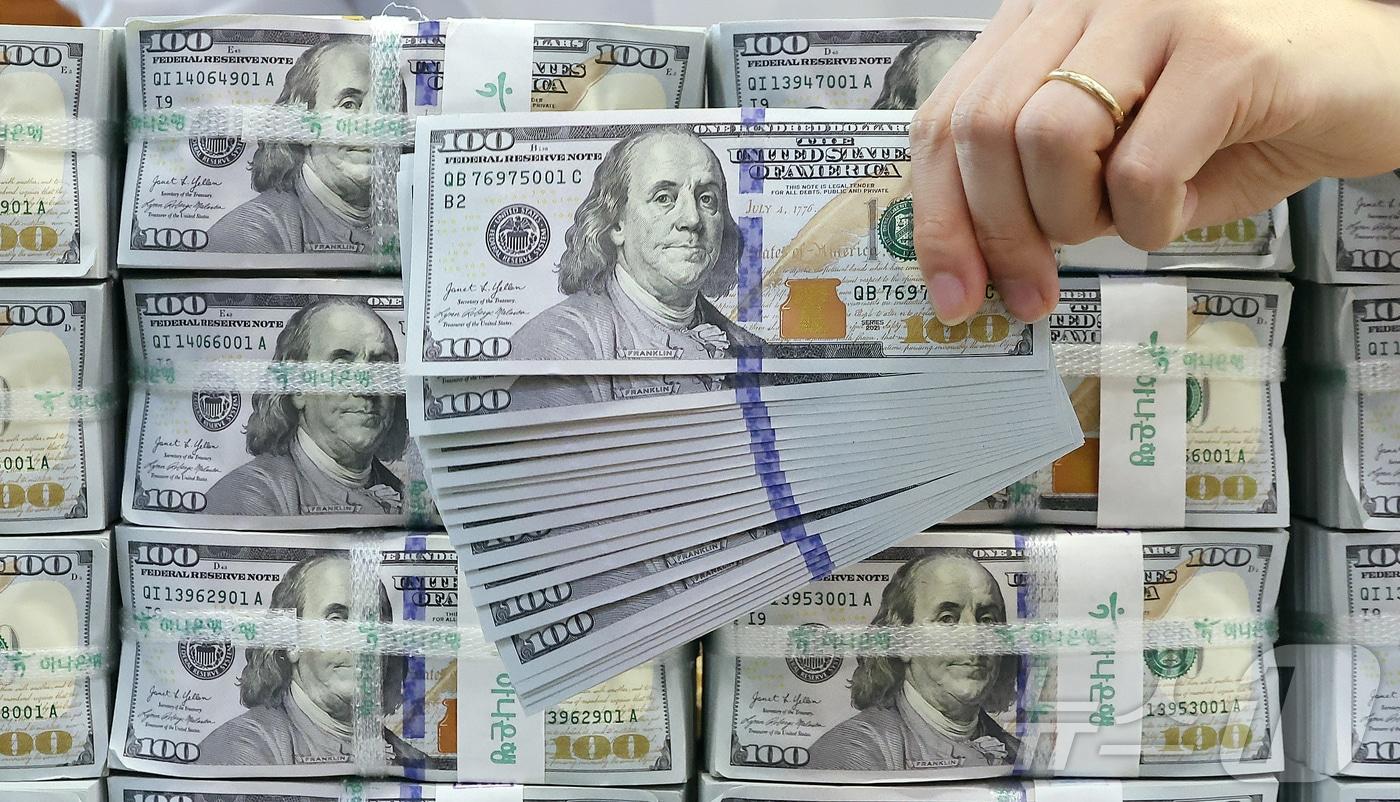 25일 서울 중구 하나은행 위변조대응센터에서 관계자가 달러화를 정리하는 모습. 2025.11.25/뉴스1 ⓒ News1 김진환 기자