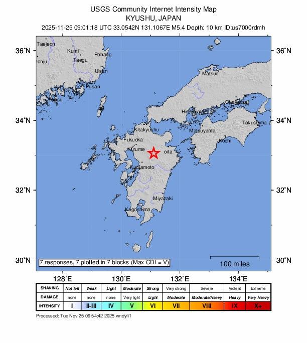 본문 이미지 - 일본 구마모토 아소 지방의 규모 5.4 지진/미국 지질조사국&#40;USGS&#41; 웹사이트 갈무리 
