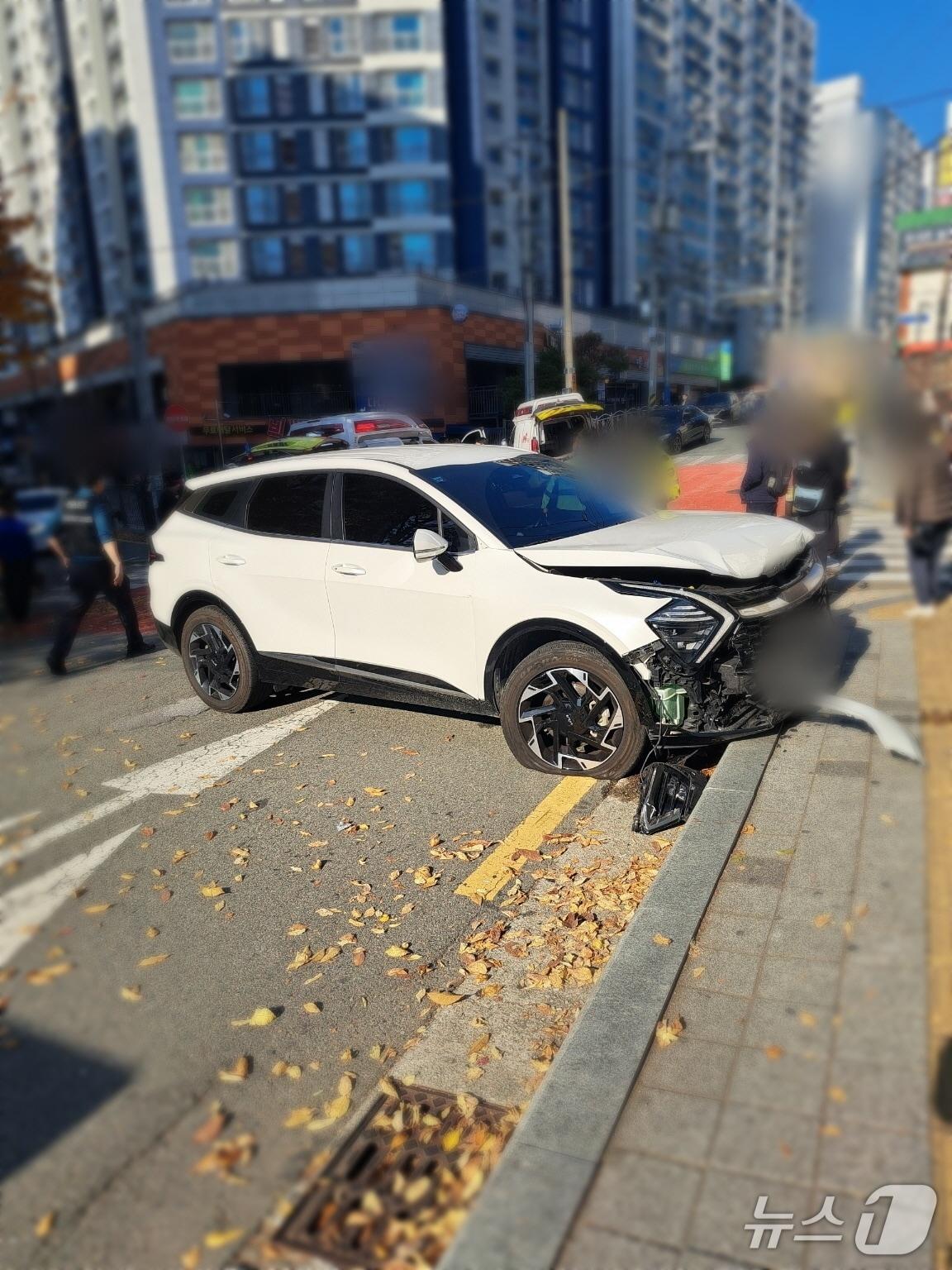 본문 이미지 - 지난 24일 오후 2시 5분쯤 남구 우암동에 위치한 한 아파트 앞 도로 사고 장면.(남부경찰서 제공. 재판매 및 DB금지)