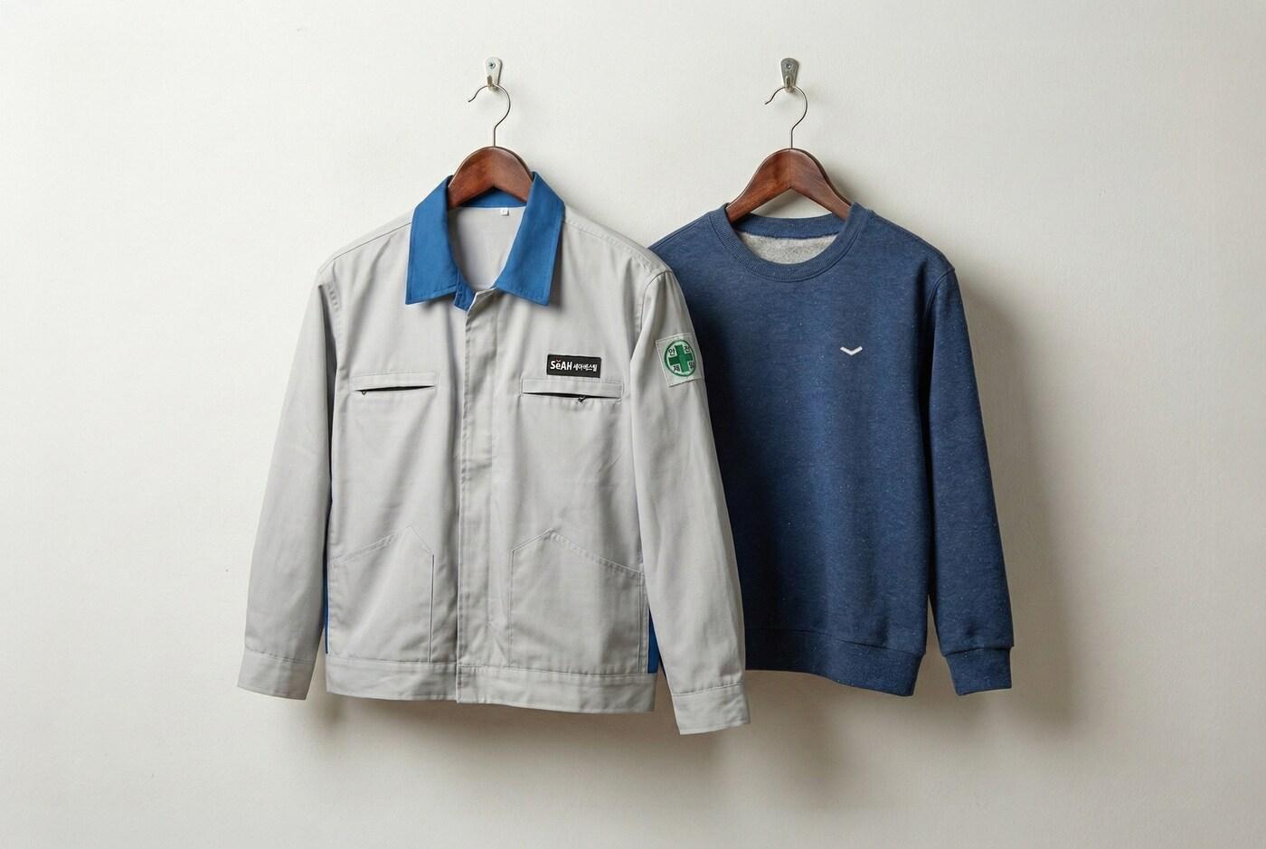 폐근무복 업사이클링 캠페인에 참여한 세아베스틸의 근무복과 업사이클링으로 탄생한 아동용 맨투맨. (세아홀딩스 제공)