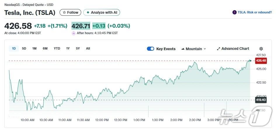 본문 이미지 - 테슬라 일일 주가추이 - 야후 파이낸스 갈무리