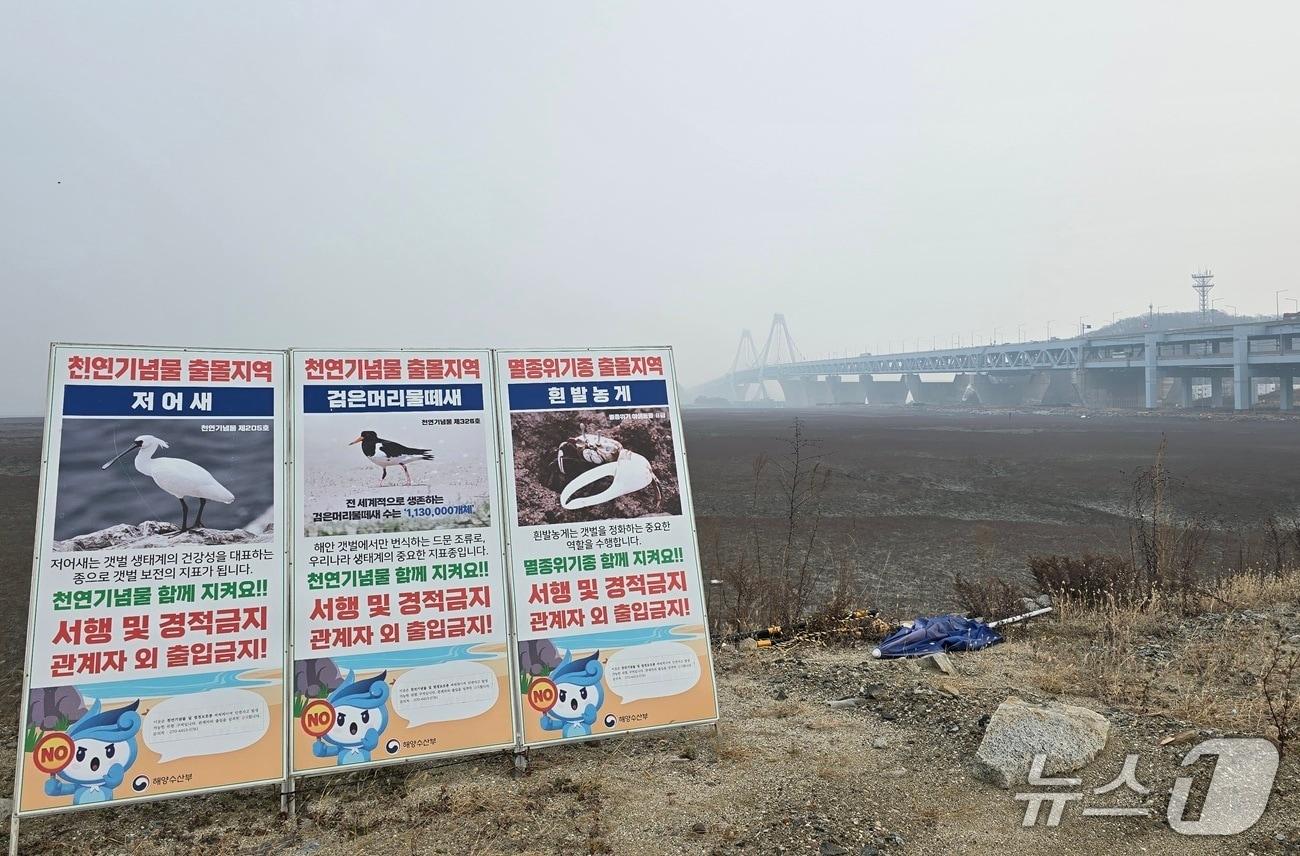 본문 이미지 - 영종도 준설토 투기장에 설치된 인천 깃대종 안내판. 저 멀리 영종대교가 보인다. 뉴스1 ⓒ News1 유준상 기자