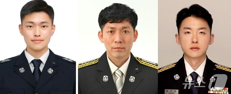 본문 이미지 - 지난 15일 광주 전남대학교 운동장에서 의식을 잃고 쓰러진 40대 시민을 CPR로 구한 비번 소방관들. 사진 왼쪽부터 최준영 광주 북부소방서 소방사, 이준호 나주소방서 소방위, 황민철 광주 남부소방서 소방장. 2025.11.27/뉴스1