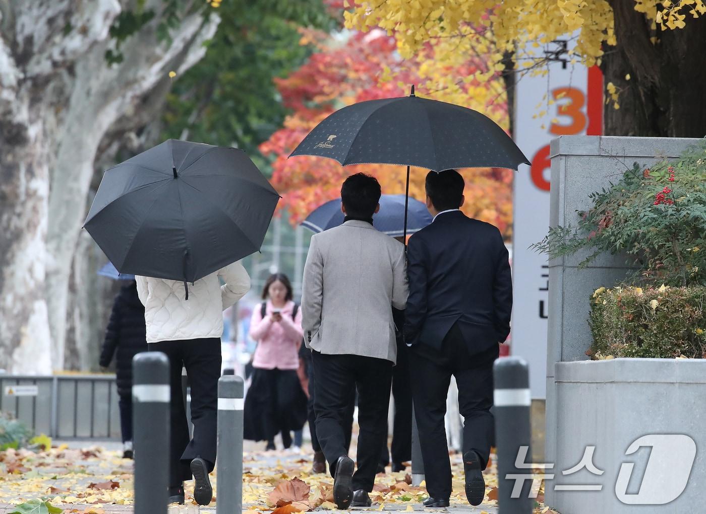 본문 이미지 - 27일 오후 비 내리는 대구 수성구 달구벌대로에서 우산을 쓴 시민들이 낙엽 쌓인 길을 걷고 있다. 2025.11.27/뉴스1 ⓒ News1 공정식 기자