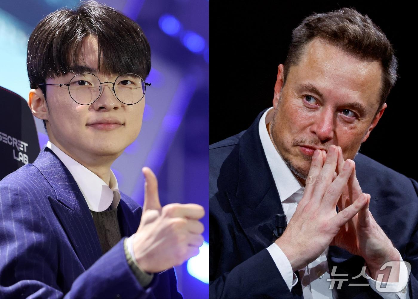 본문 이미지 - &#39;페이커&#39; 이상혁&#40;왼쪽&#41;과 일론 머스크 테슬라 최고경영자. ⓒ 로이터=뉴스1 ⓒ News1  