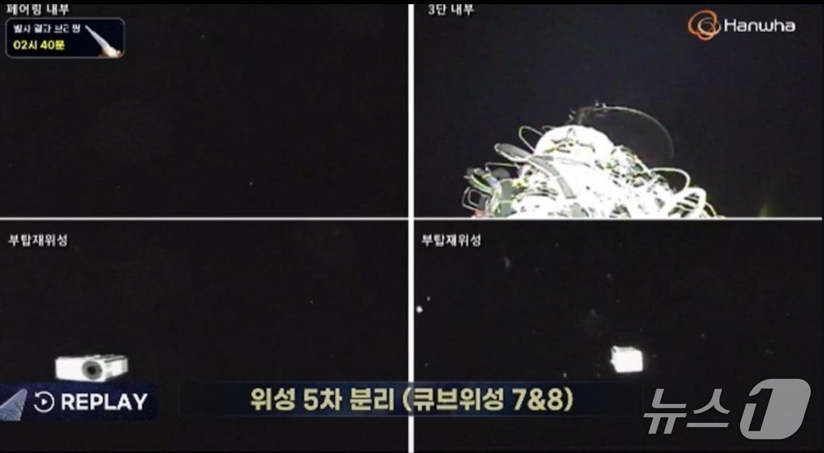본문 이미지 - 누리호에서 사출되고 있는 K-히어로 큐브위성&#40;왼쪽 아래&#41;&#40;우주항공청 제공&#41; /뉴스1