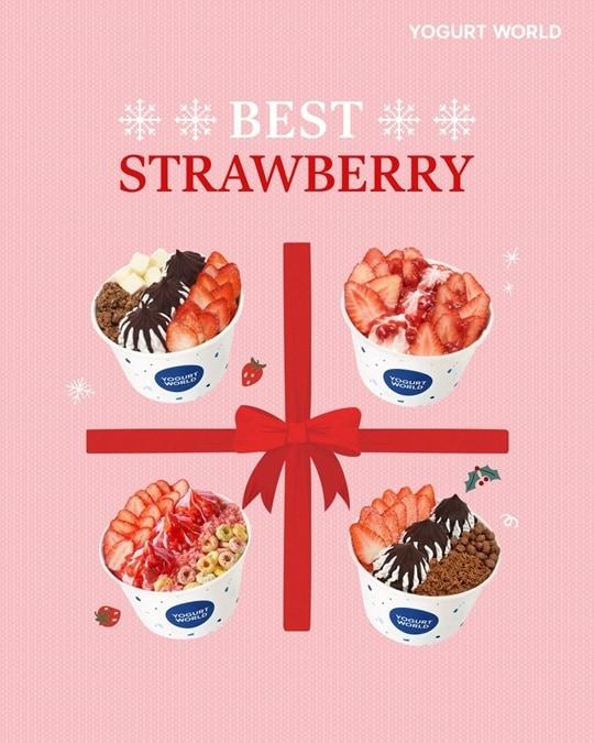 본문 이미지 - 요거트월드 딸기 시즌 베스트 메뉴&#40;왼쪽 위부터 시계방향으로 딸기초코팅월드, 딸기폭탄, 두바이생딸기월드, 딸기팝팝월드&#41; / 사진=요거트월드 제공