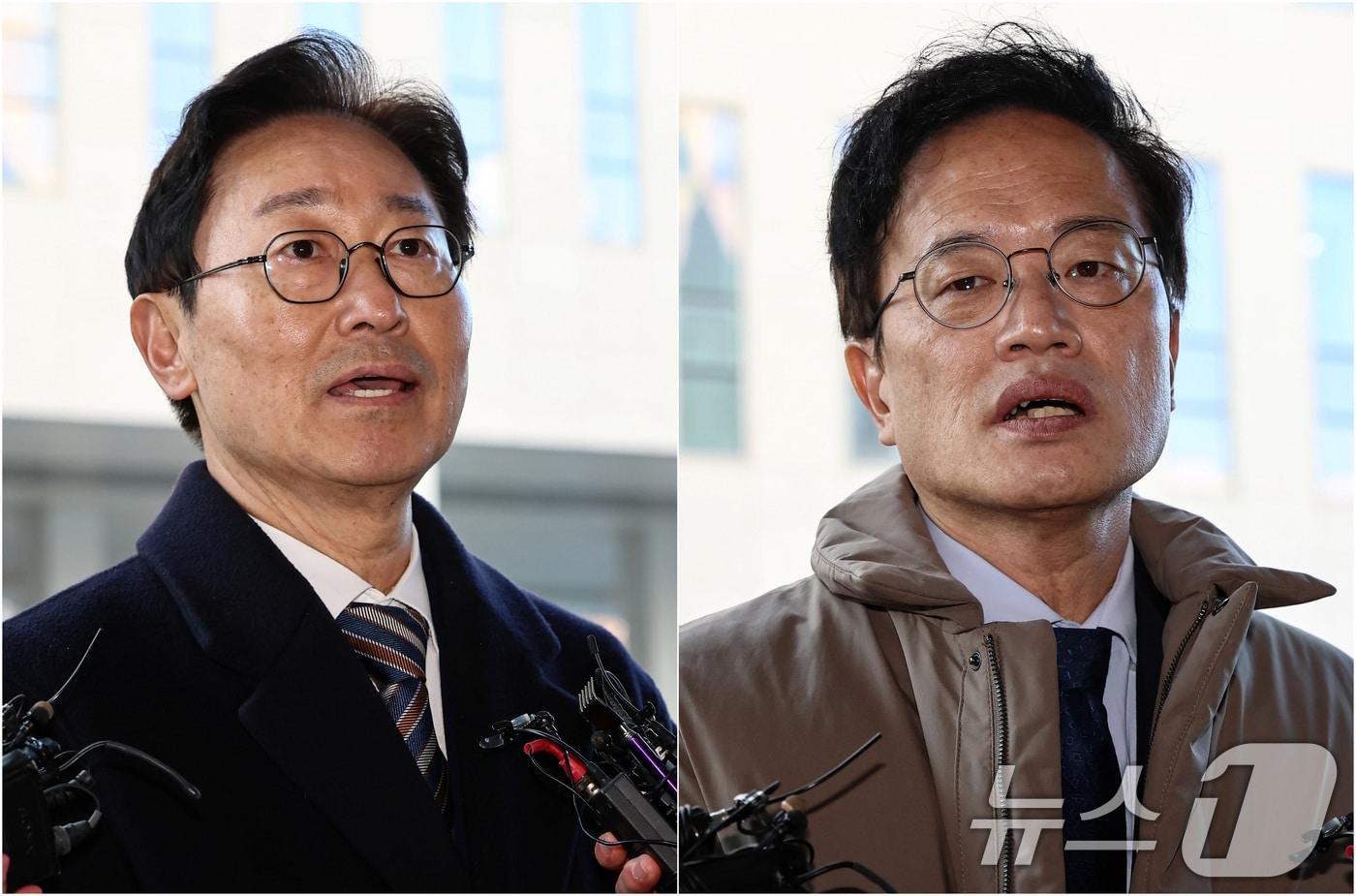 박범계, 박주민 더불어민주당 의원이 28일 서울 양천구 남부지방법원에서 열린 국회 패스트트랙&#40;신속처리안건&#41; 충돌 사건 관련 결심 공판에 출석하며 취재진 질문에 답하고 있다.  2025.11.28/뉴스1 ⓒ News1 김도우 기자