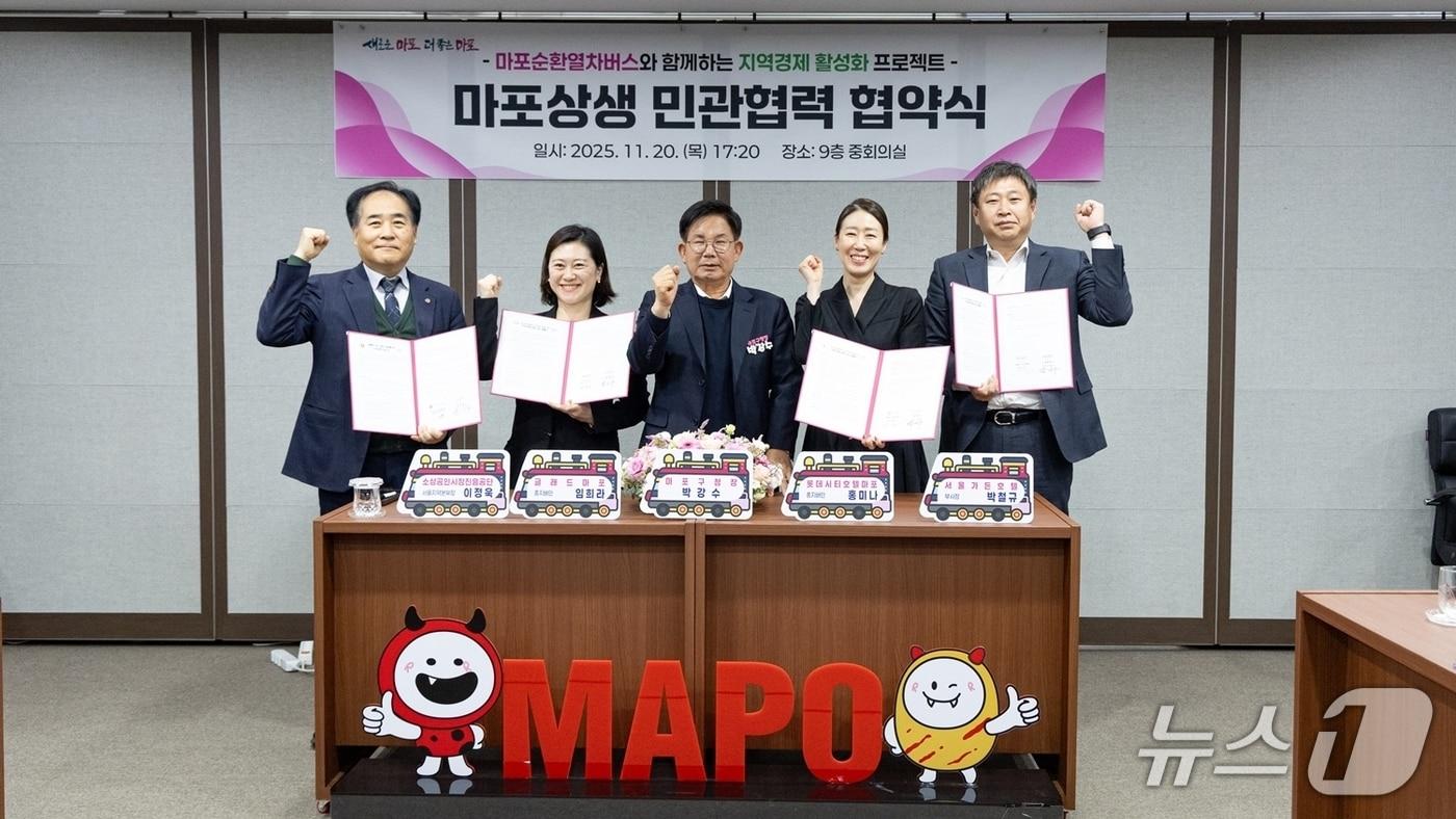 마포순환열차버스와 함께하는 마포상생 민관협력 협약식 기념촬영&#40;마포구청 제공&#41;