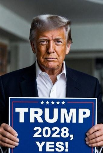 본문 이미지 - &#39;트럼프 2028&#39;이라고 적힌 피켓을 든 도널드 트럼프 미국 대통령 합성 사진. &#40;트루스소셜&#41;