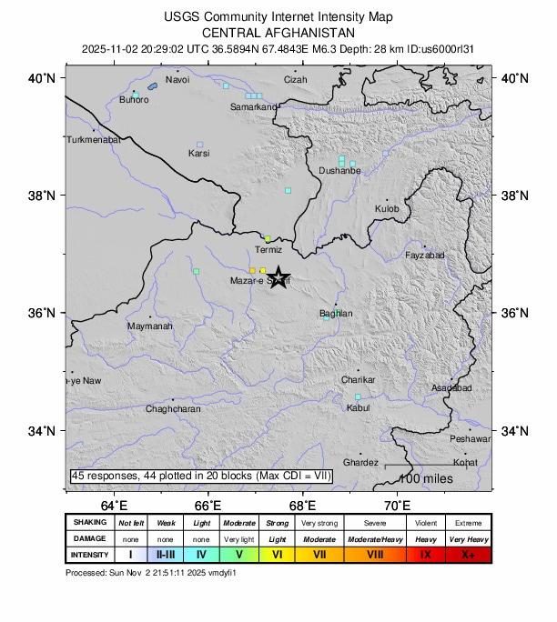 본문 이미지 - 아프가니스탄 지진 발생 지도/ 출처:USGS 