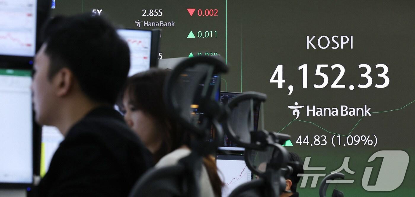 코스피가 상승 출발한 3일 오전 서울 중구 하나은행 본점 딜링룸 현황판에 개장 시황이 나오고 있다. 2025.11.3/뉴스1 ⓒ News1 구윤성 기자