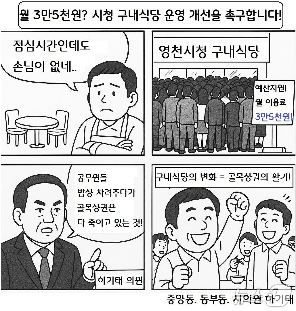 본문 이미지 - 하기태 영천시의원이 구내식당 운영 중단을 촉구하는 만화.(하기태 영천시의원 제공. 재판매 및 DB금지)/뉴스1